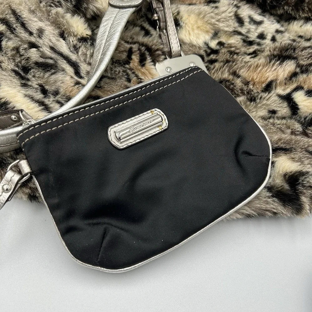 B Makowsky Leopard Print Faux Fur Shoulder Bag Silver Leather Trim Y2K Hobo